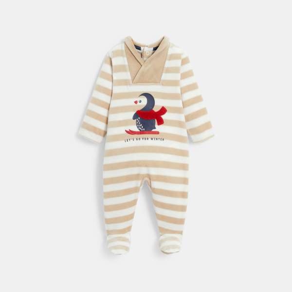 بدلة نوم مخملية مخططة مزينة بطائر البطريق باللون البني للأولاد الصغار